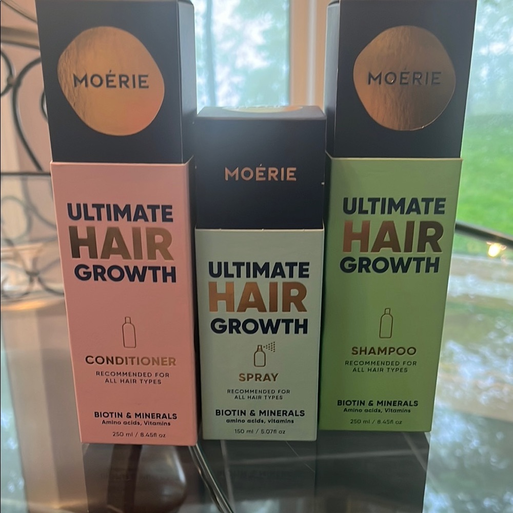 New in box Moerie Ultimate hair Growth Shampoo,  conditioner, mask, and spray.